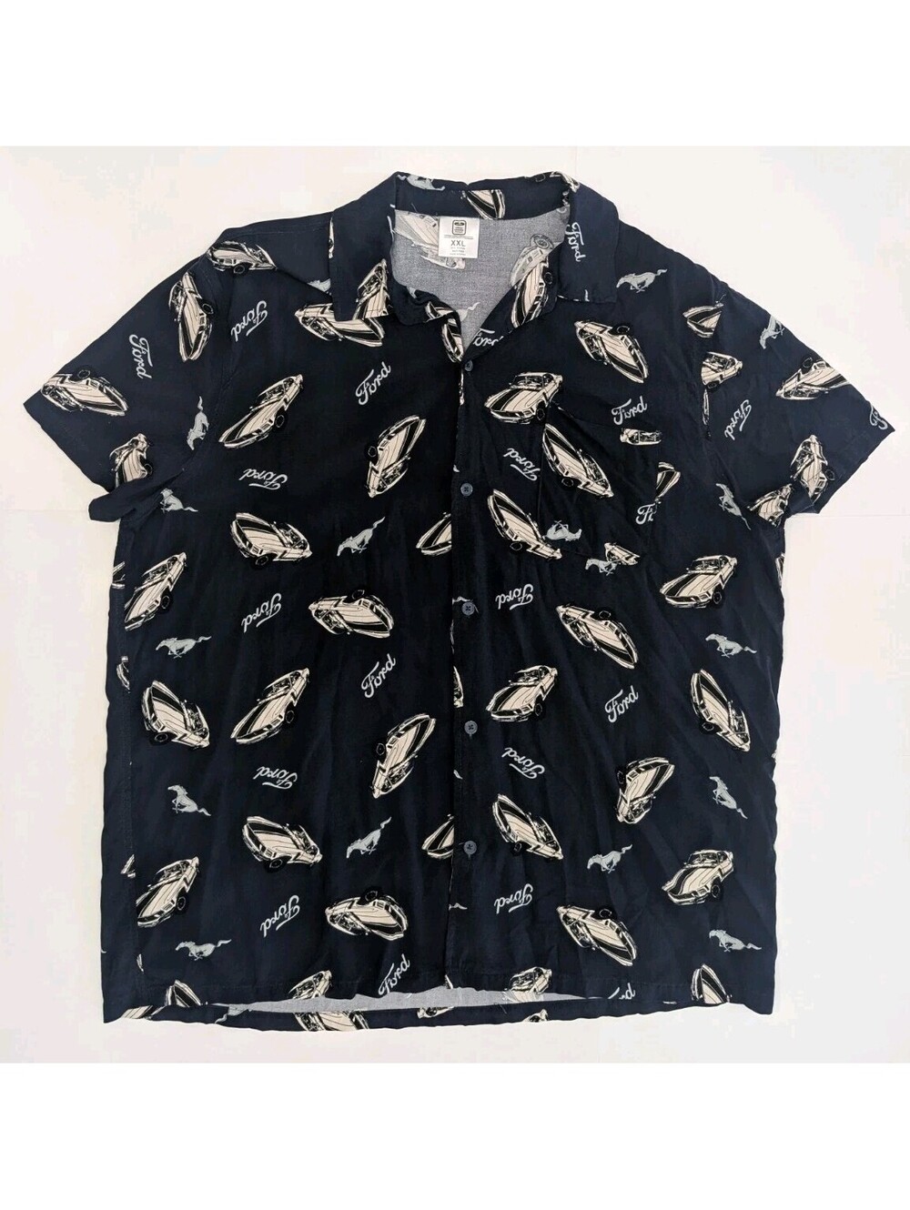 VTG Ford Mustang Hawaiian Shirt Men 2XL Blue 1970 Boss 302 Aloha AOP Camp Rayon